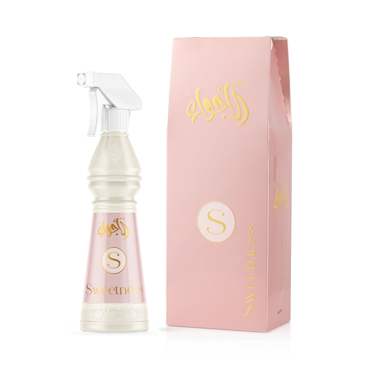 Sweetness Air Freshener 500 ml in a cream bottle with a pink label and white sprayer next to its pink box