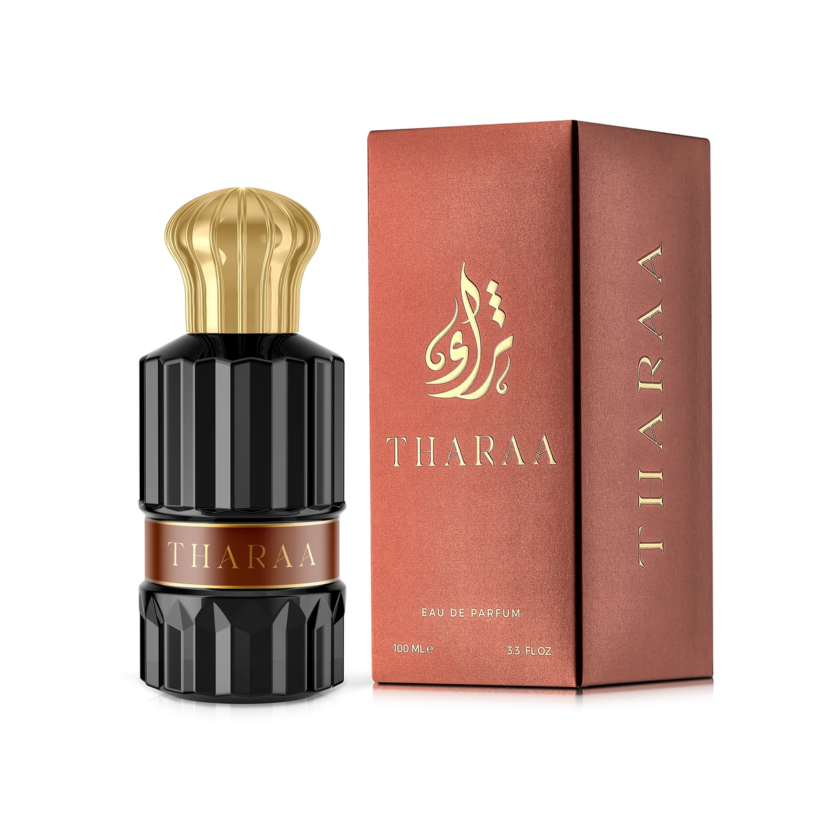 Tharaa Perfume 100 ml in a ribbed black bottle with a gold cap next to its brick-red box on a white background