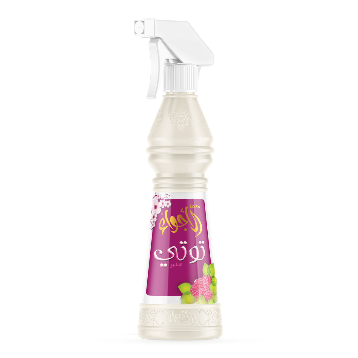 Tooty Air Freshener 500 ml bottle with white spray and a purple berry label on its own on a white background