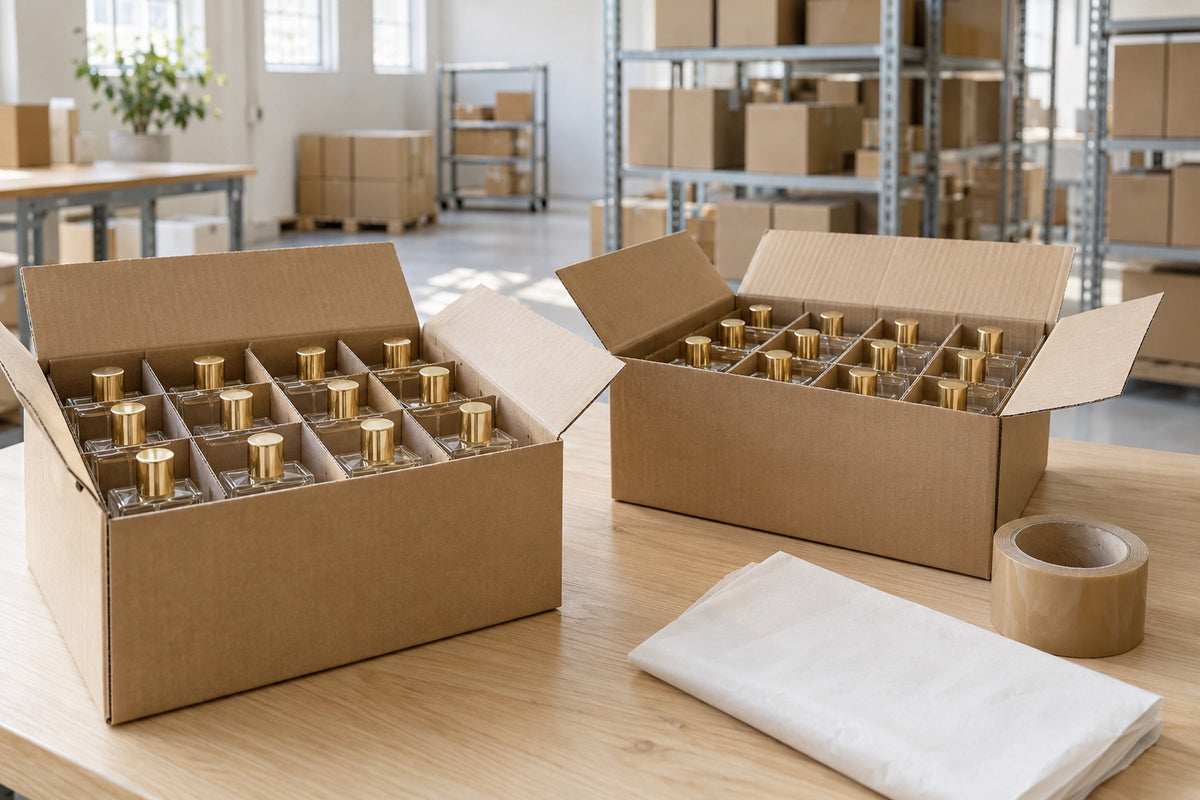 Rows of identical glass perfume bottles in divided cardboard boxes on a packing table in a stockroom