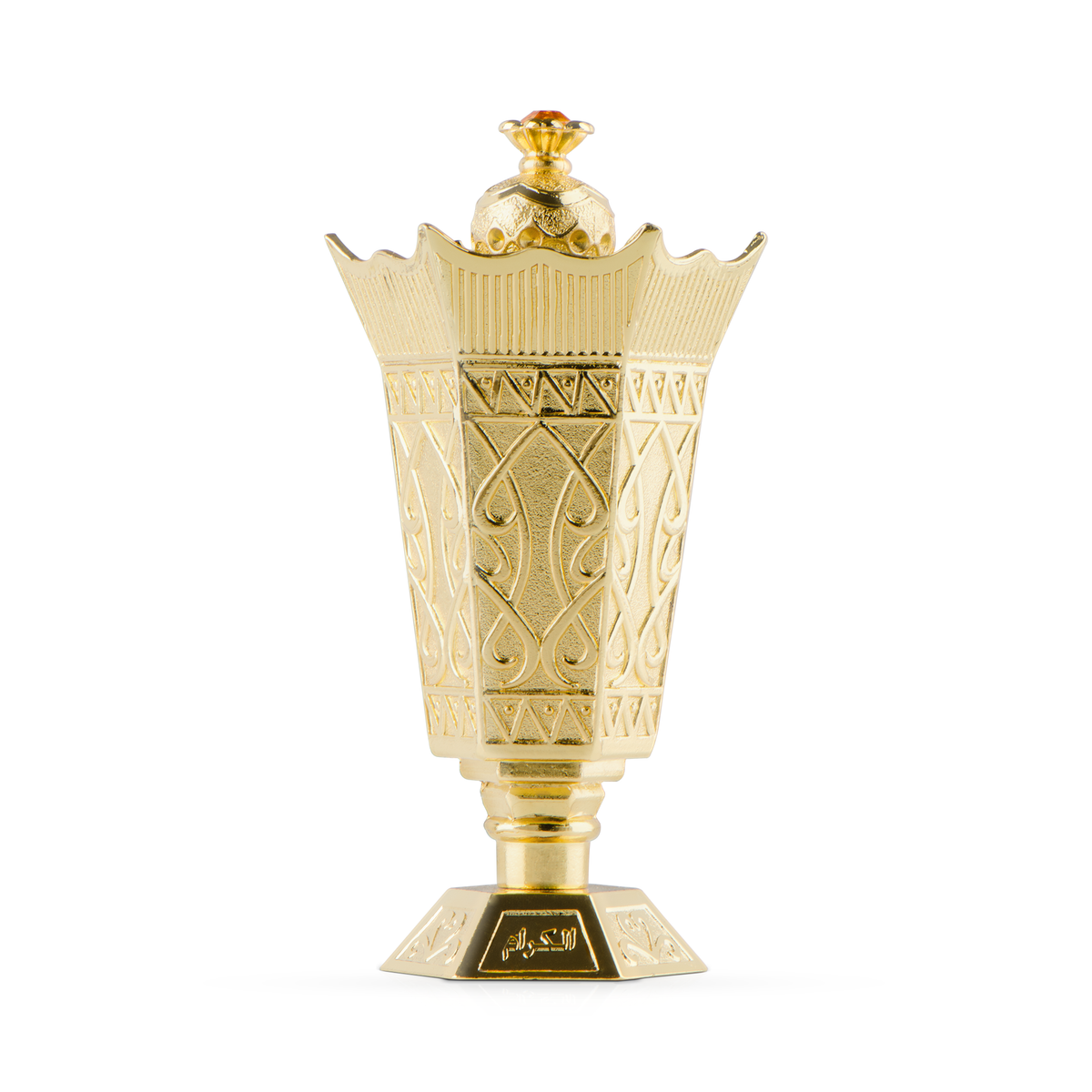 Al Karam Mukhallat 11 ml ornate gold chalice-shaped bottle alone on a white background