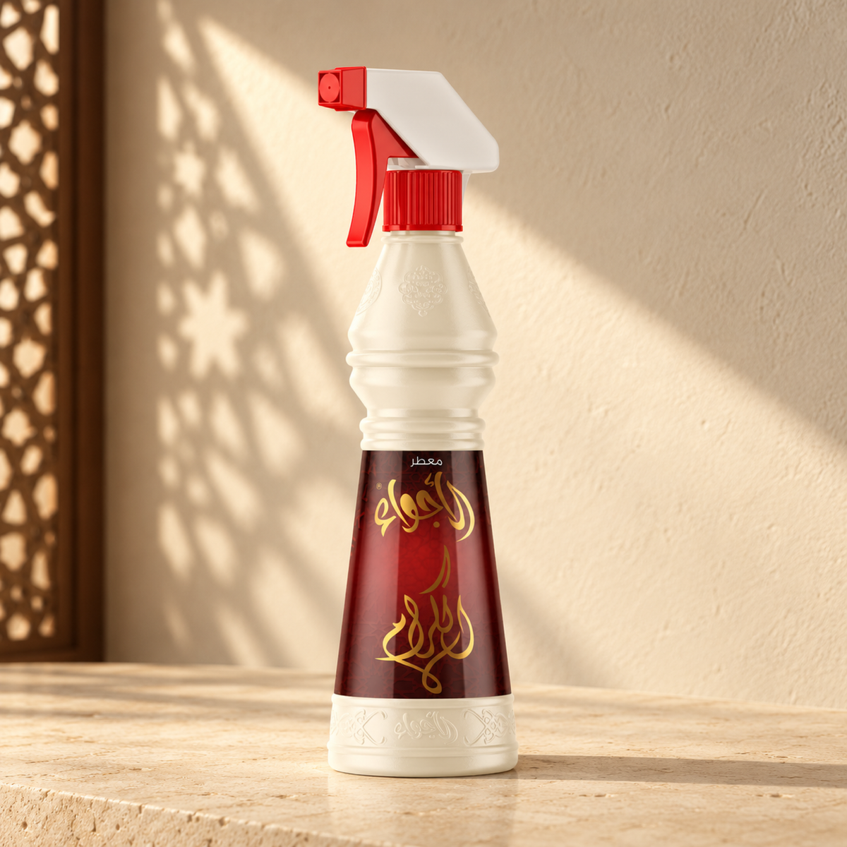 Al-Keram Air Freshener 500 ml from Sedr Al-Khaleej; spray bottle with a red trigger and maroon label on cream stone in sunlight.