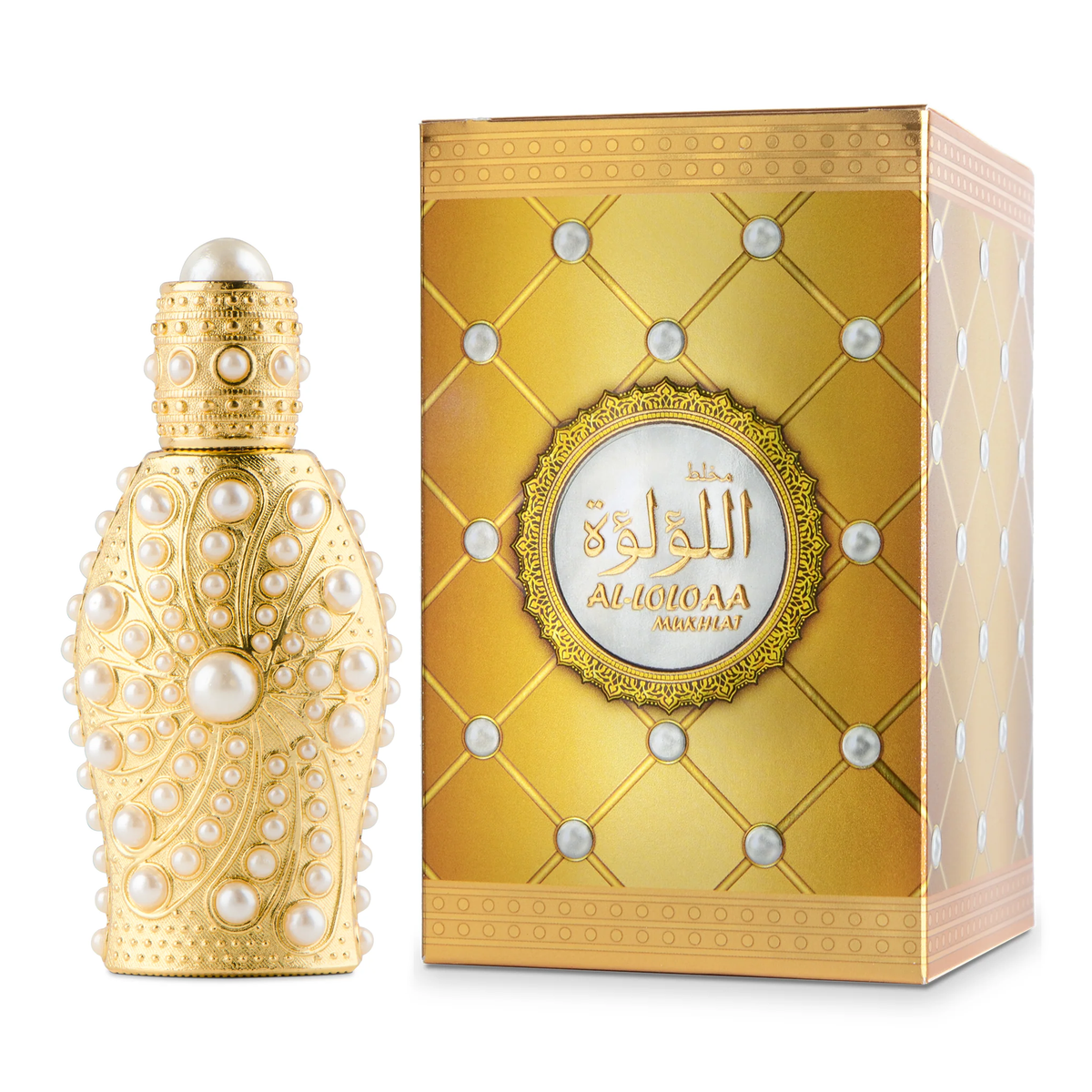 Al Loloaa Mukhallat 15 ml in a pearl-studded gold bottle beside its gold box on a white background
