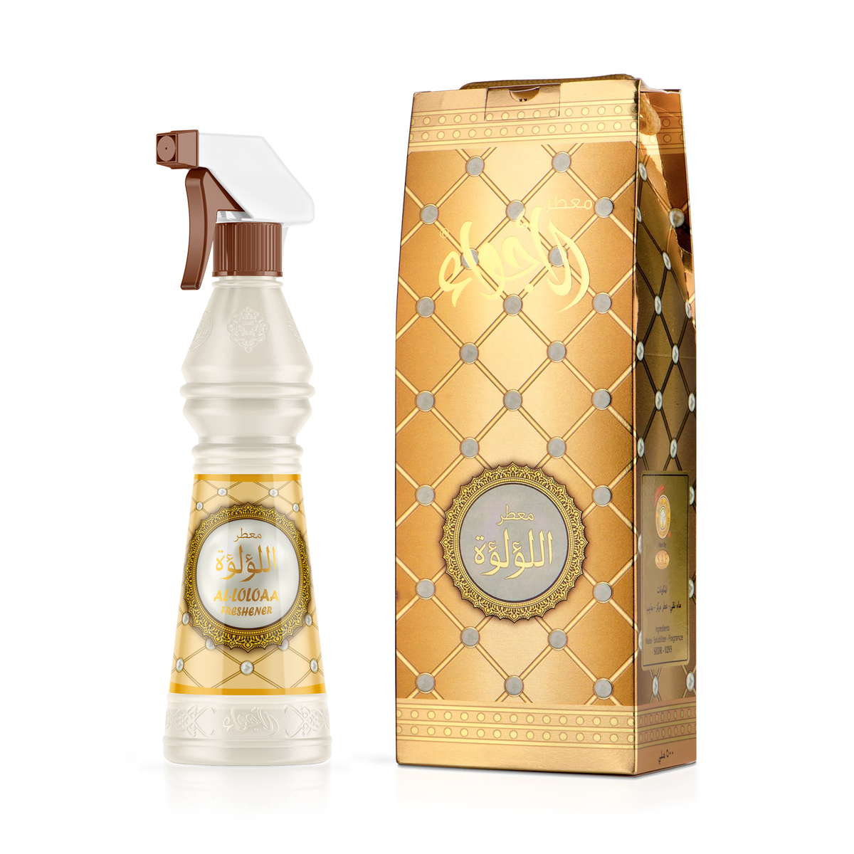 Al-Lulua Air Freshener 500 ml: a white bottle with a brown trigger beside its gold diamond-patterned box