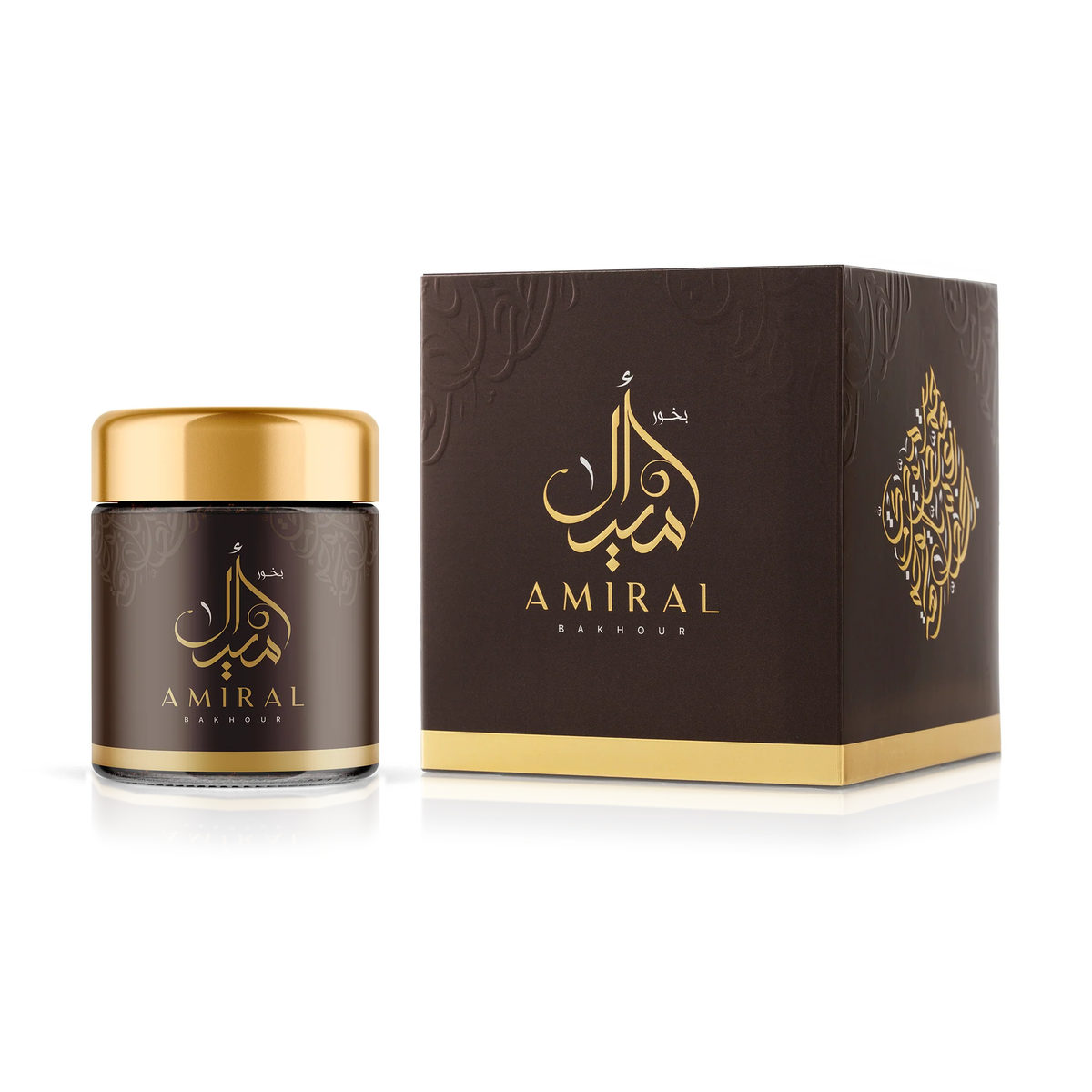 Amiral bakhoor 40 g jar next to its box