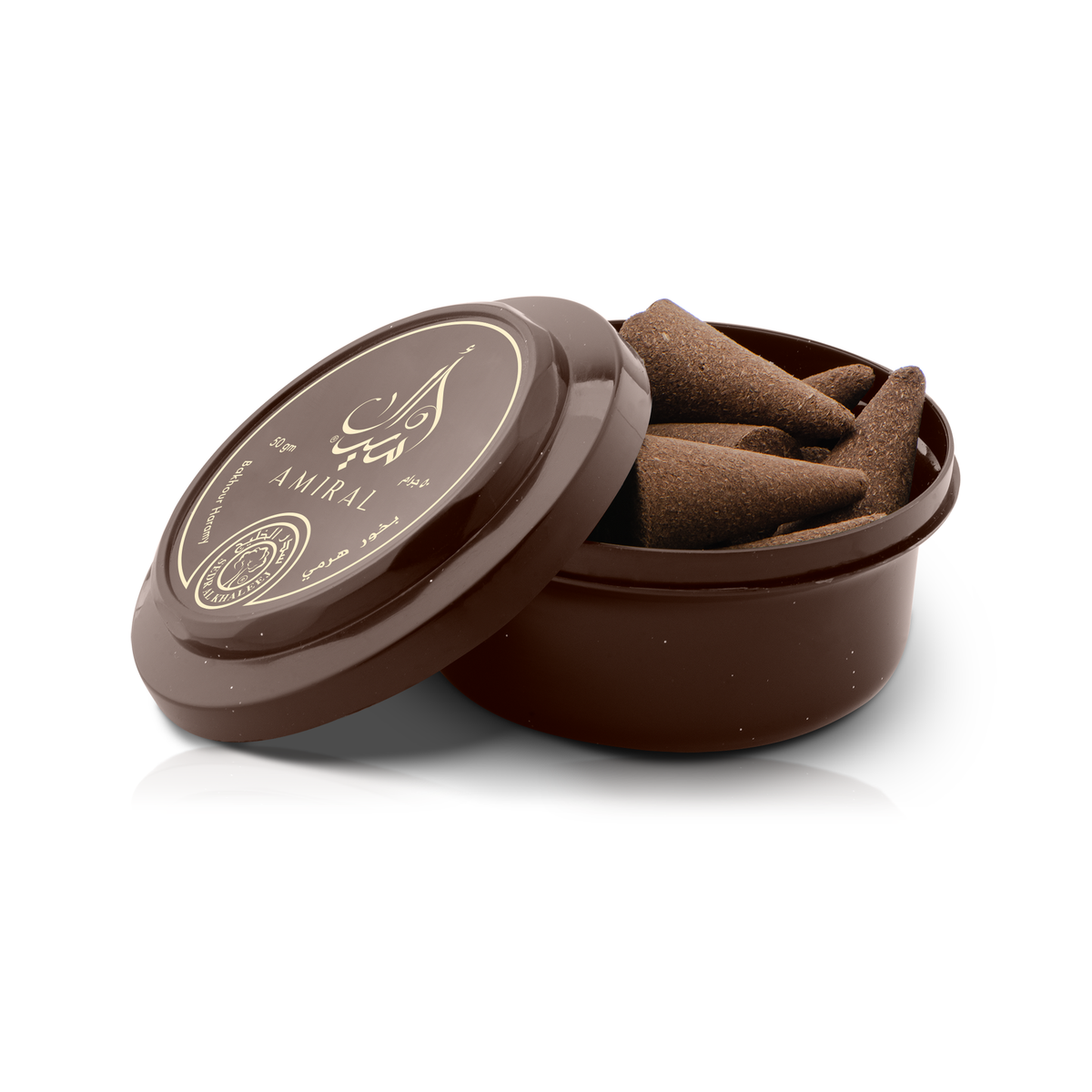 Amiral Pyramid Bakhoor round brown tin open with pyramid bakhoor pieces inside and its lid leaning on it