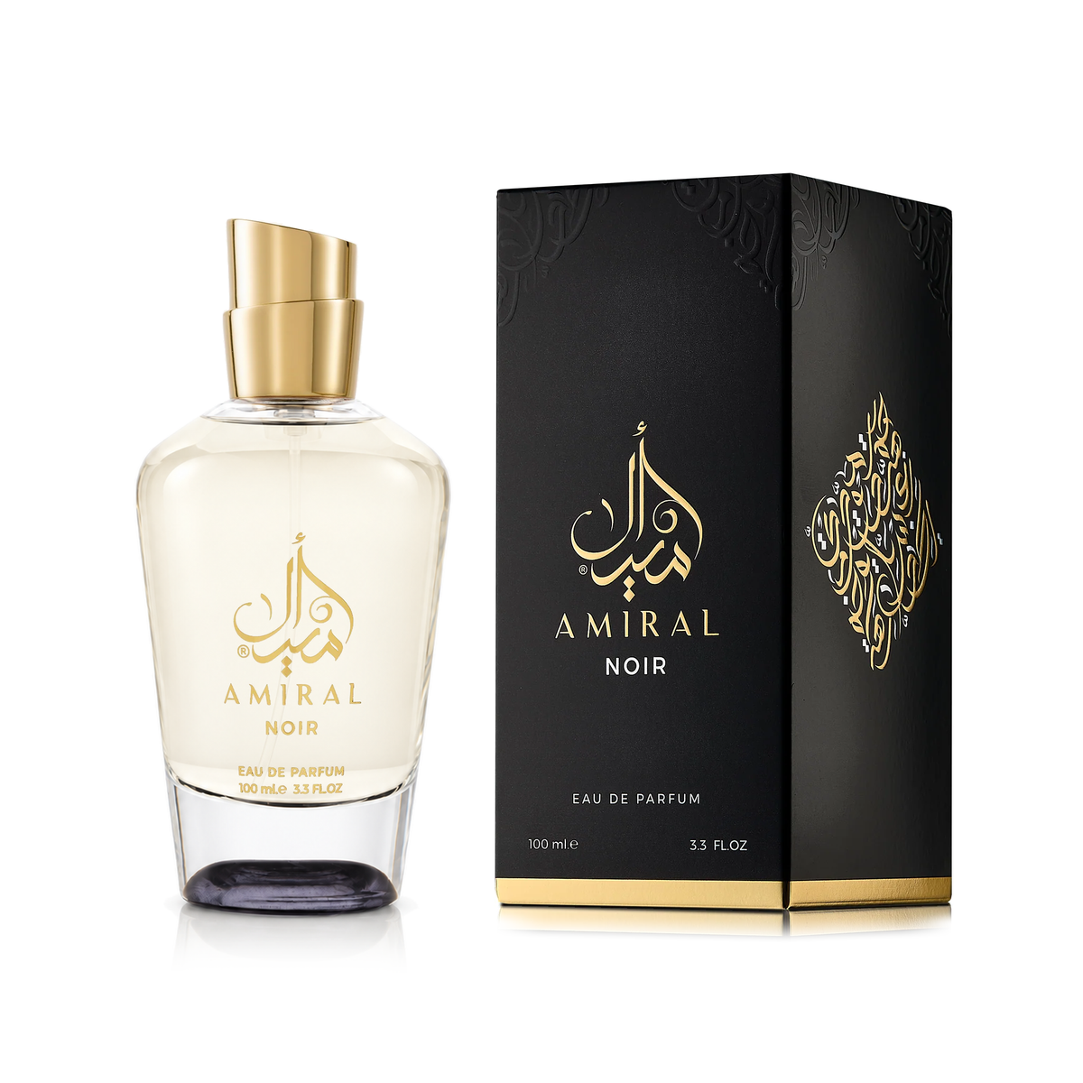 Amiral Noir 100 ml perfume bottle beside its black box