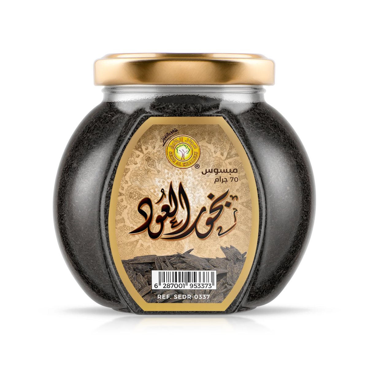 Oud Bakhoor Mabsous 70 g in a glass jar with a gold lid and brown label on a white background