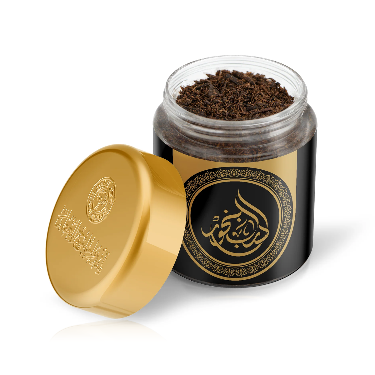 An open jar of Darb Al Bakhour bakhoor 40 g showing the crumbled bakhoor, with its gold lid beside it