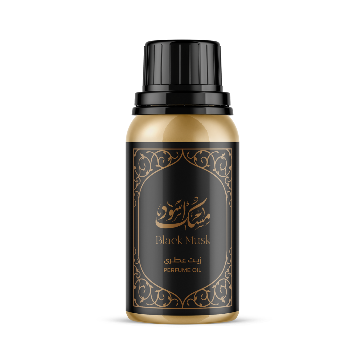 Black Musk Perfume Oil gold bottle with black cap and ornate black label, shown alone
