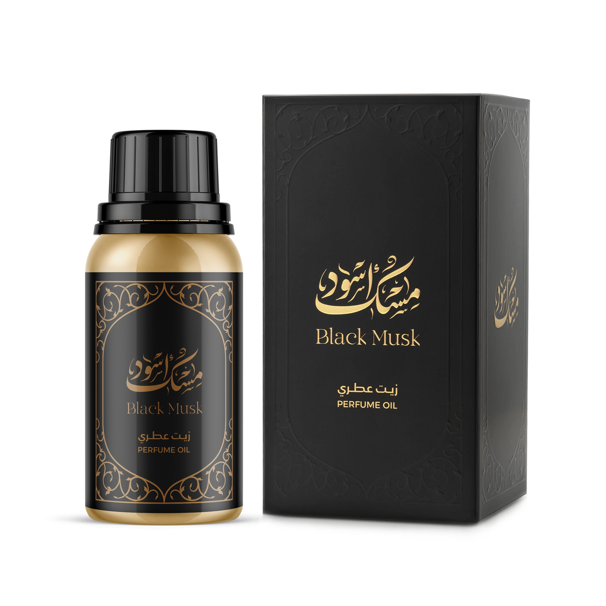 Black Musk Perfume Oil 100 g in a gold bottle with black cap beside its black box on a white background