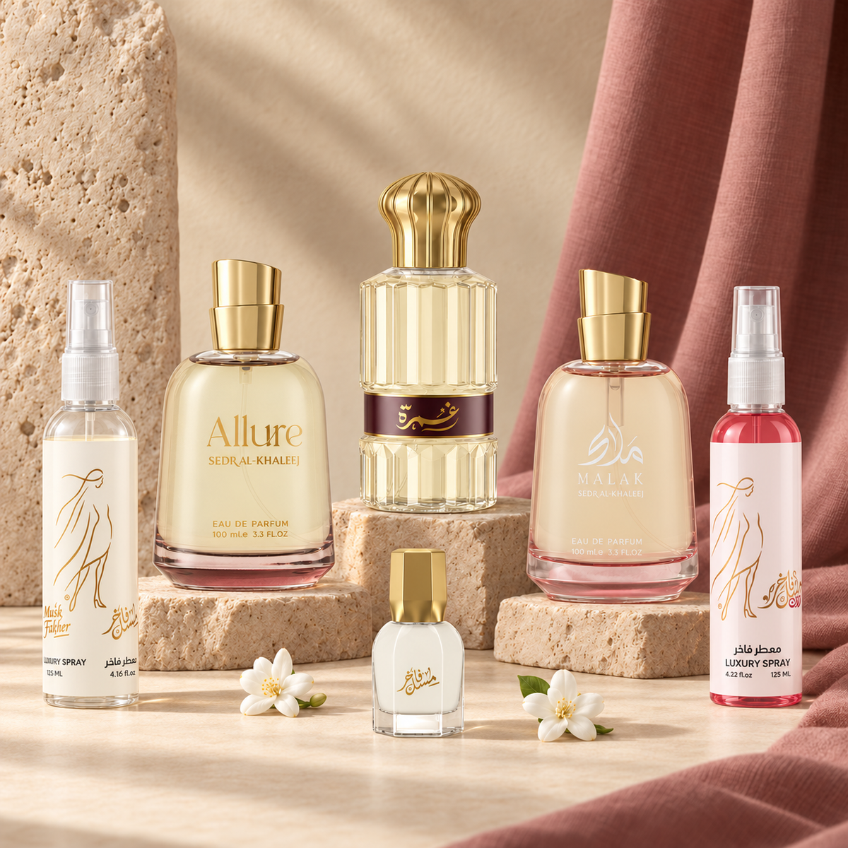 باقة جوي: عطور اللور وغمرة وملاك، وزيت عطري مسك فاخر، ومعطرا مسك فاخر ومسك رمان، على قواعد حجرية وقماش وردي