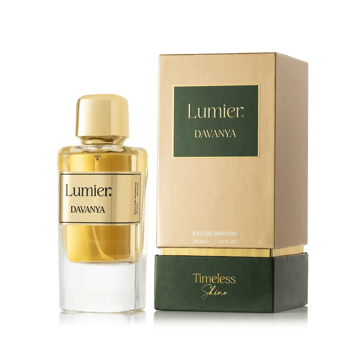 Davania Perfume 75 ml in a clear bottle with a gold cap next to its gold and green box on a white background