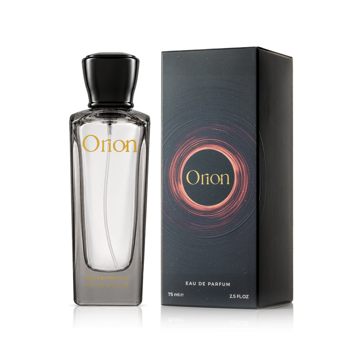 Orion perfume from the Elegance Bundle in a grey bottle with a black cap beside its dark box with an orange circle