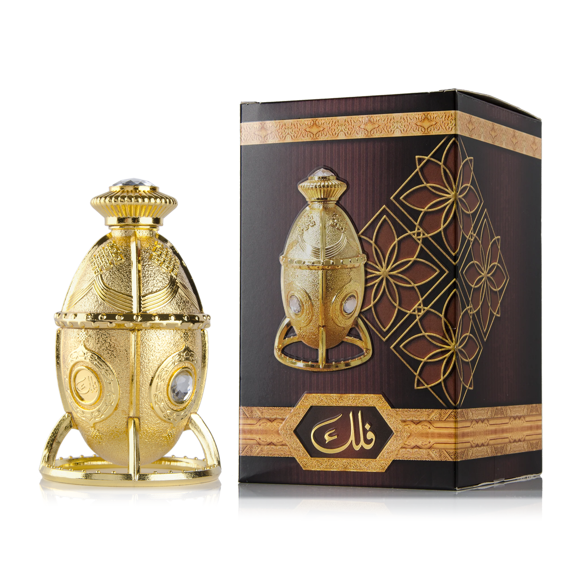Falak Mukhallat 12 ml in an oval gold bottle on a three-legged stand next to its decorated brown box