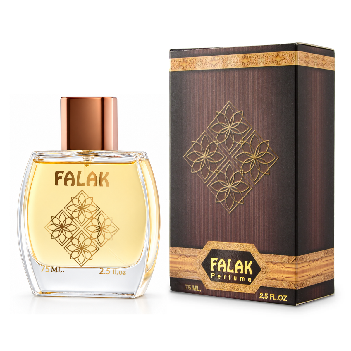 Falak Perfume 75 ml in its clear bottle beside its brown box on a white background