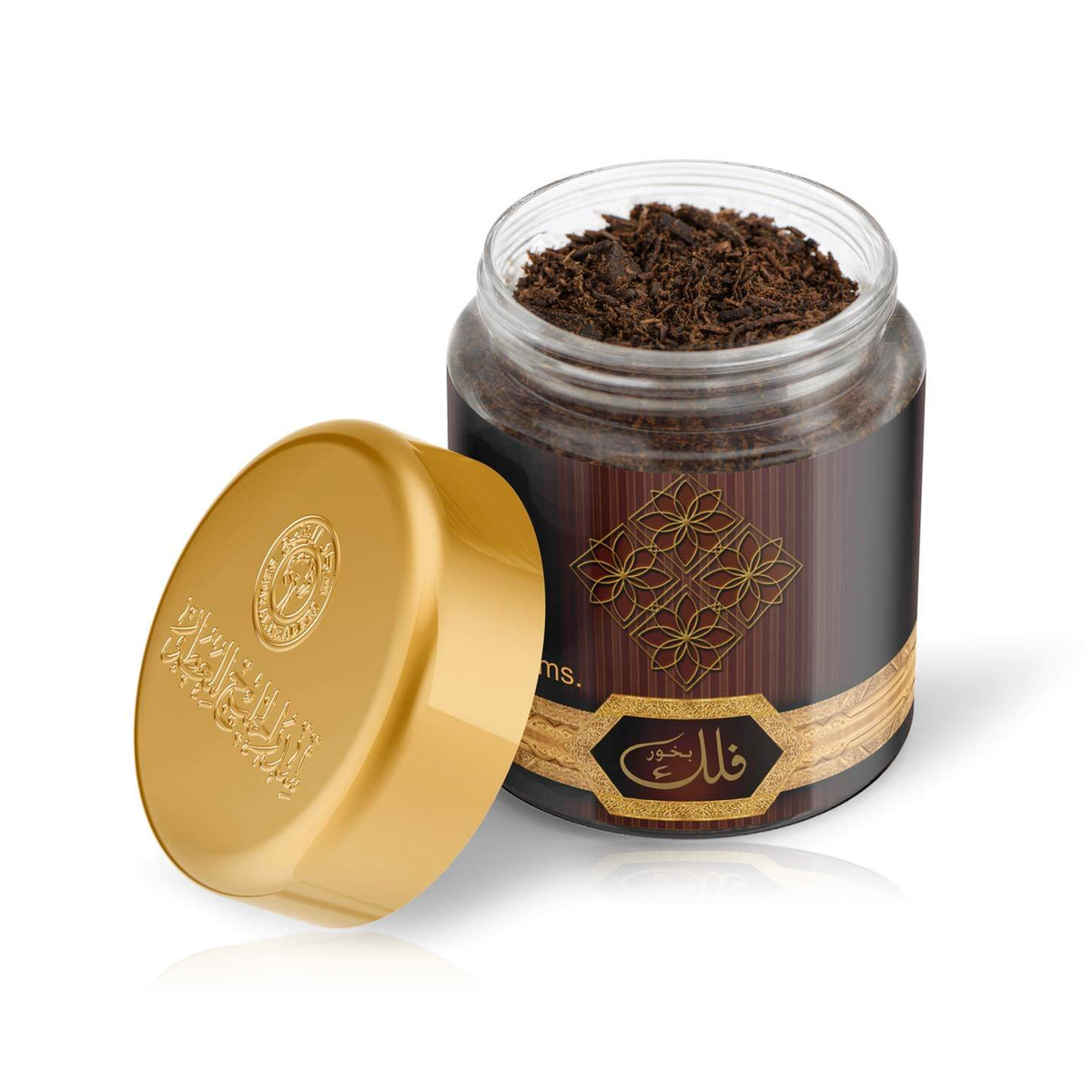 Falak Bakhoor 40 g jar open to show the brown bakhoor pieces, its gold lid propped beside it