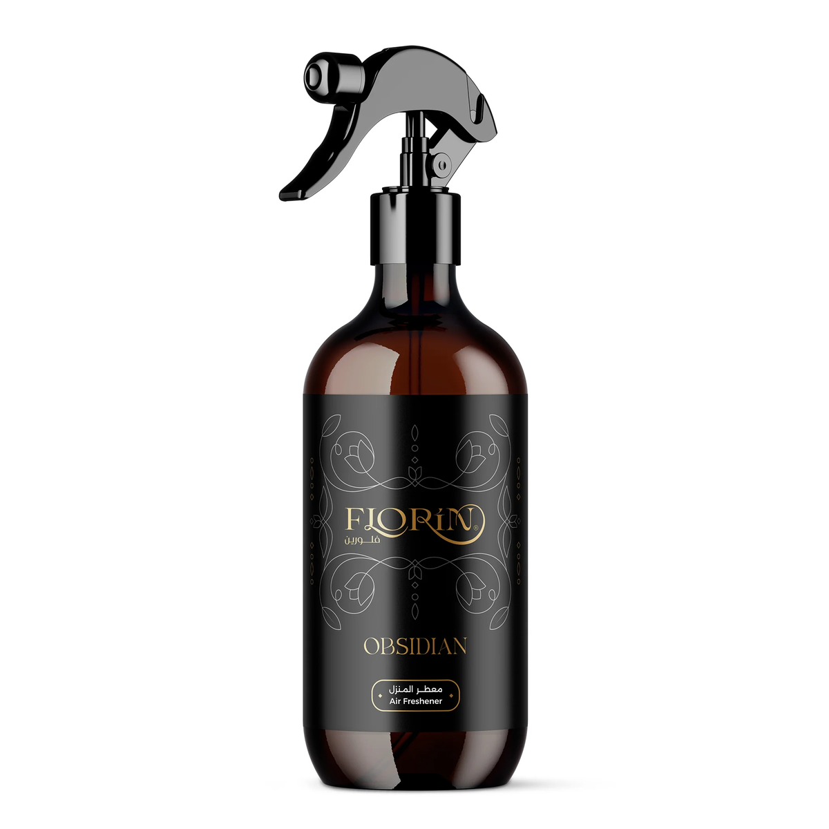 Florin Obsidian Air Freshener 500 ml in a brown bottle with a black label and trigger sprayer on a white background