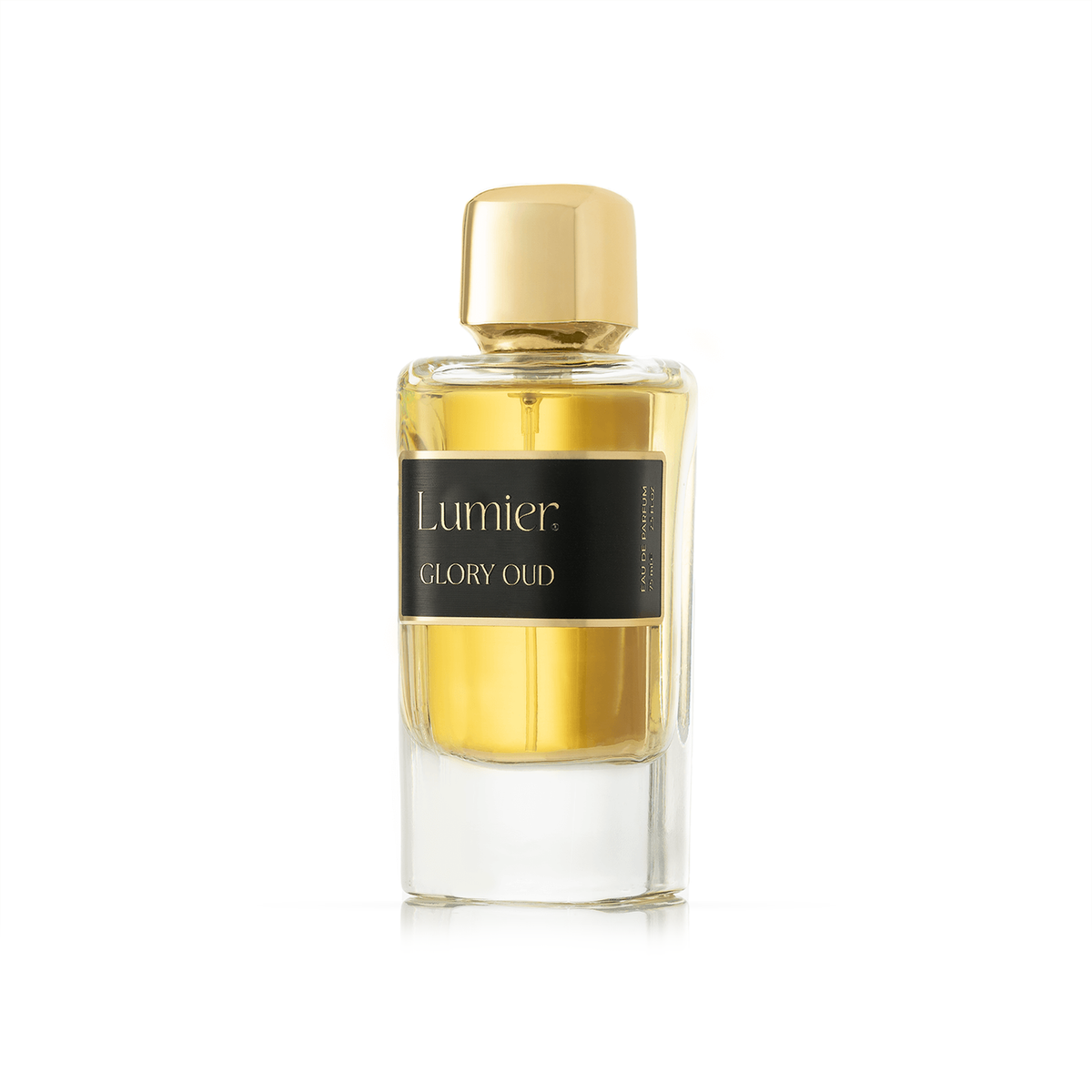 Glory Oud Perfume 75 ml bottle with black label and gold cap on a white background