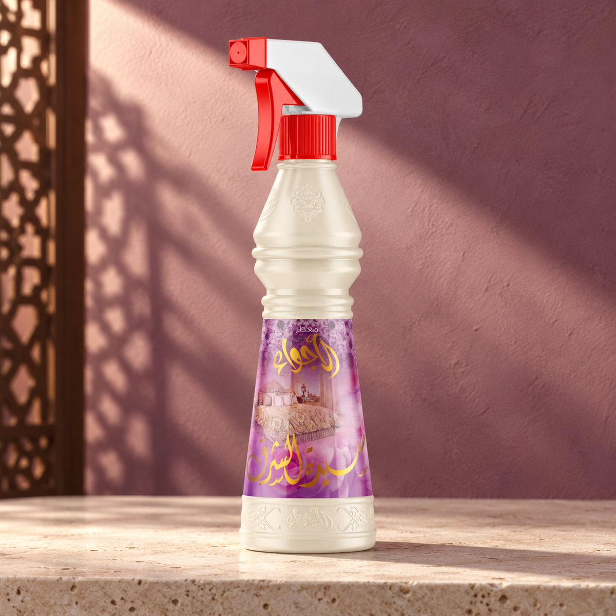 Lady Oriental Air Freshener 500 ml from Sedr Al-Khaleej; spray bottle with a red trigger and purple label on cream stone in sunlight.