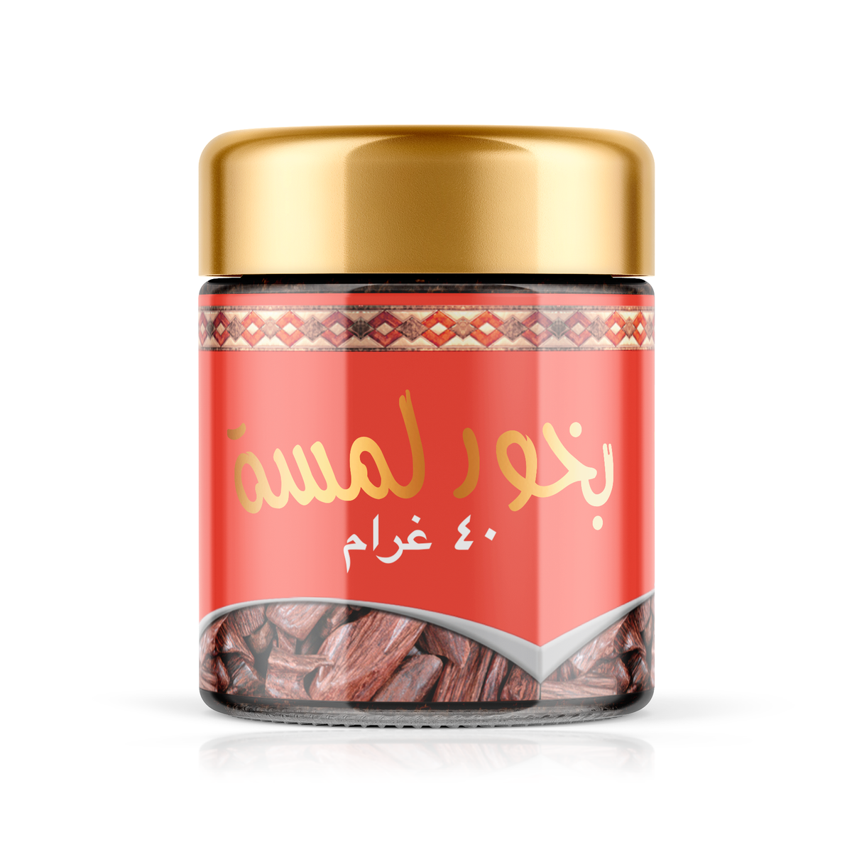 Lamsa Bakhoor 40 g glass jar with a red label and gold lid on a white background