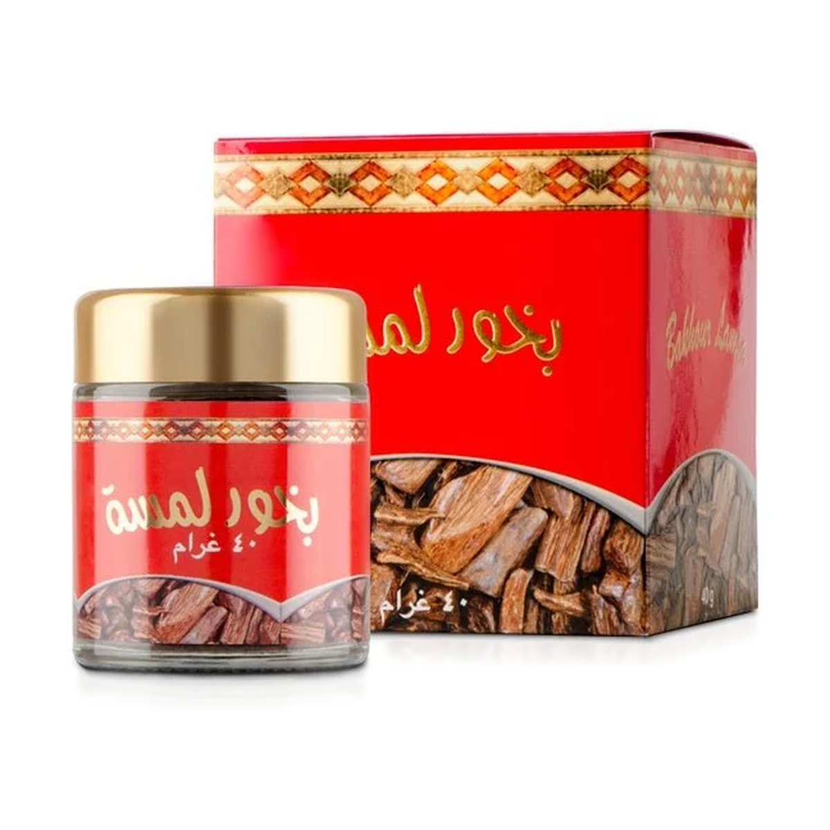 Lamsa Bakhoor 40 g in a glass jar with a red label and gold lid beside its red carton box