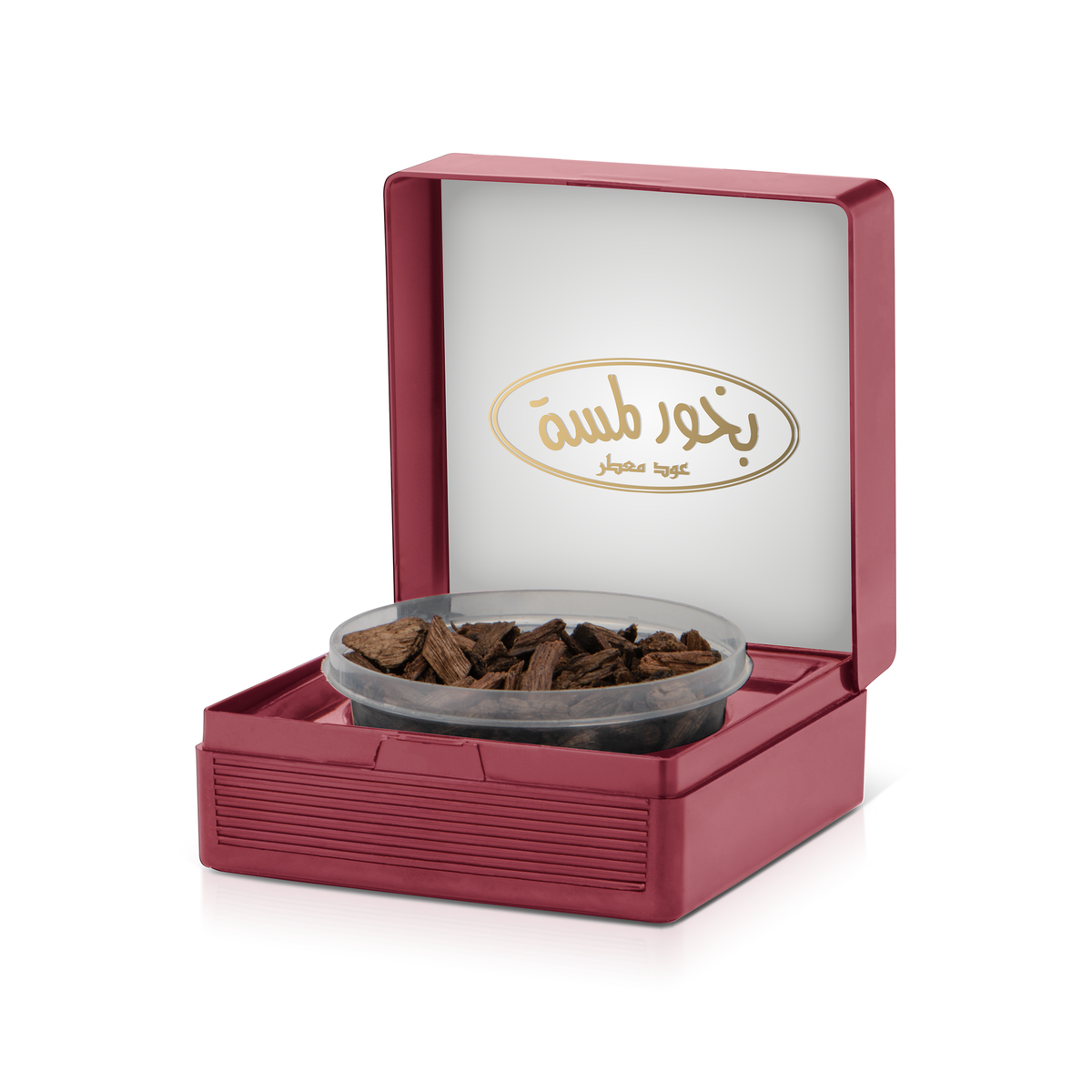 Lamsa Bakhoor Scented Oud 50 g: scented oud chips in a clear container inside an open maroon case