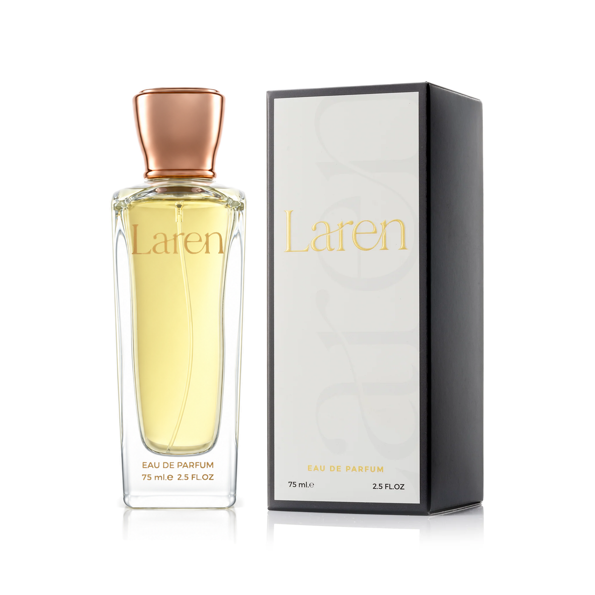 عطر لارين 75 مل بزجاجة صفراء وغطاء نحاسي بجانب علبته البيضاء والسوداء على خلفية بيضاء
