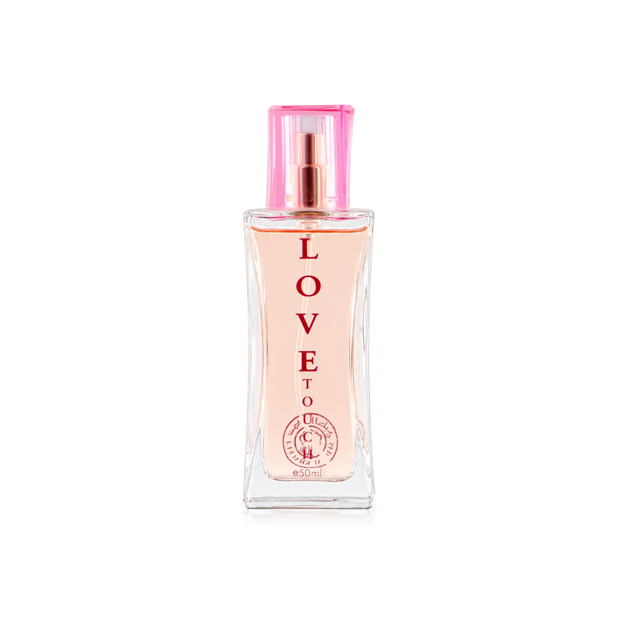 Love Touch Perfume 50 ml in a clear pink bottle with a pink cap on a white background