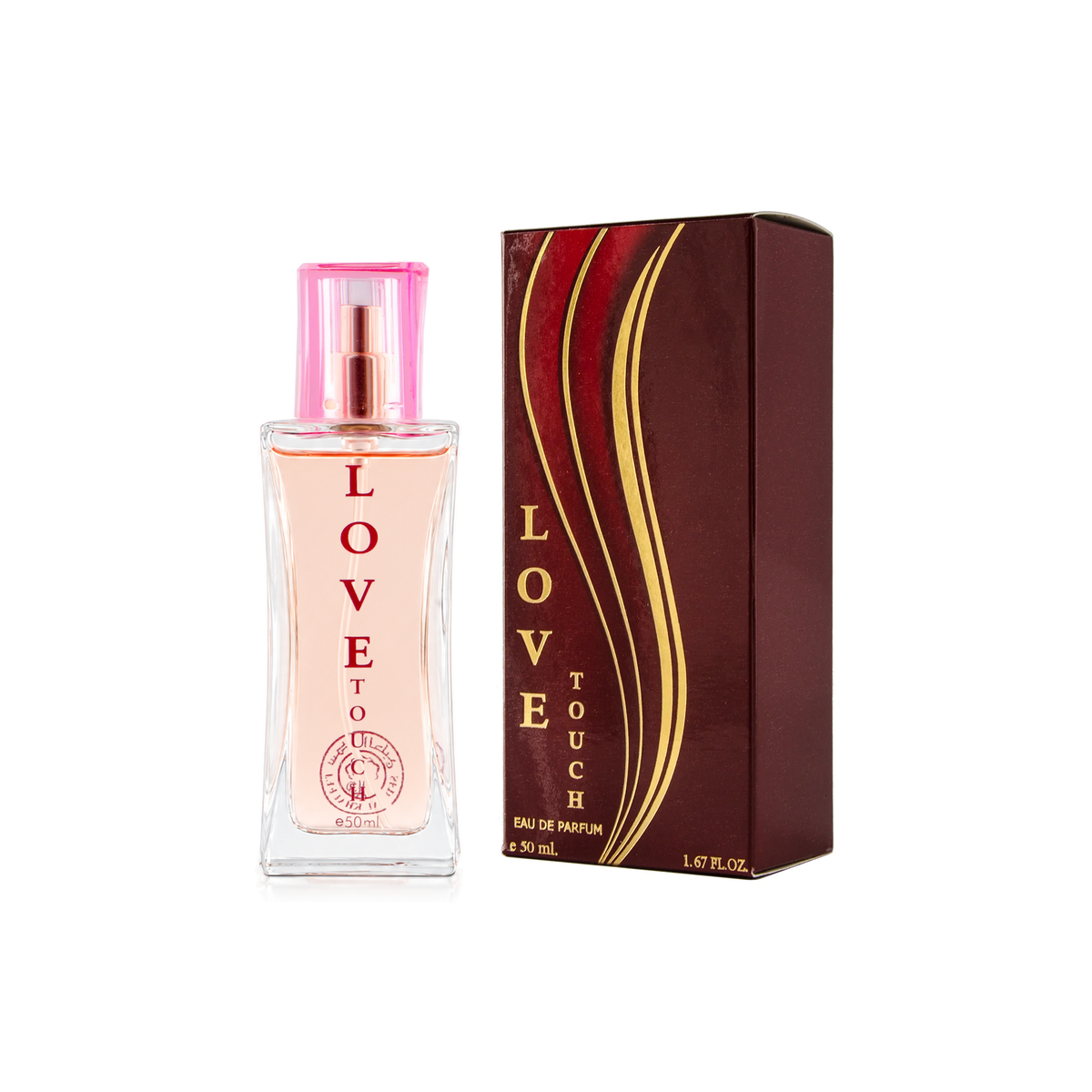 Love Touch Perfume 50 ml in a pink bottle beside its dark red box on a white background