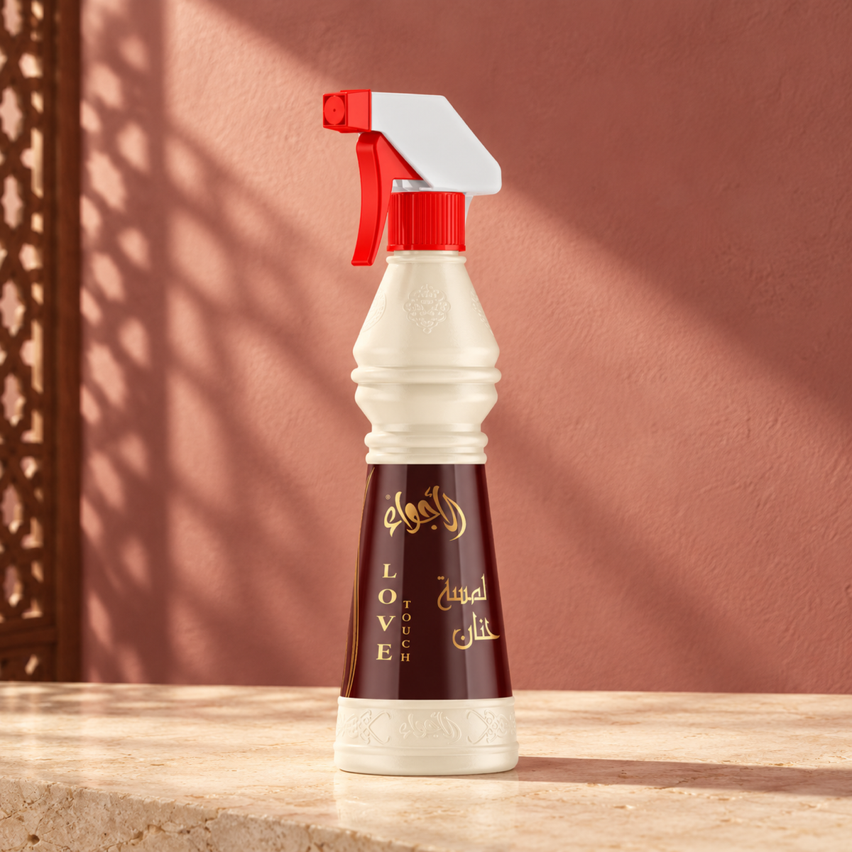 Love Touch Air Freshener 500 ml from Sedr Al-Khaleej; spray bottle with a burgundy label on cream stone against a dusty rose sunlit wall.