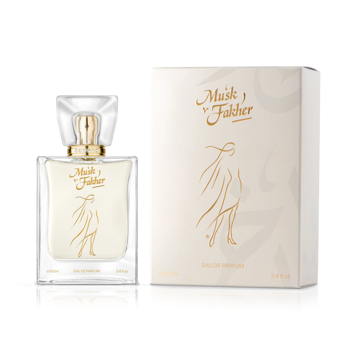 Musk Fakher perfume from the Shatha Al Musk Bundle, square bottle beside its white box with a gold drawing