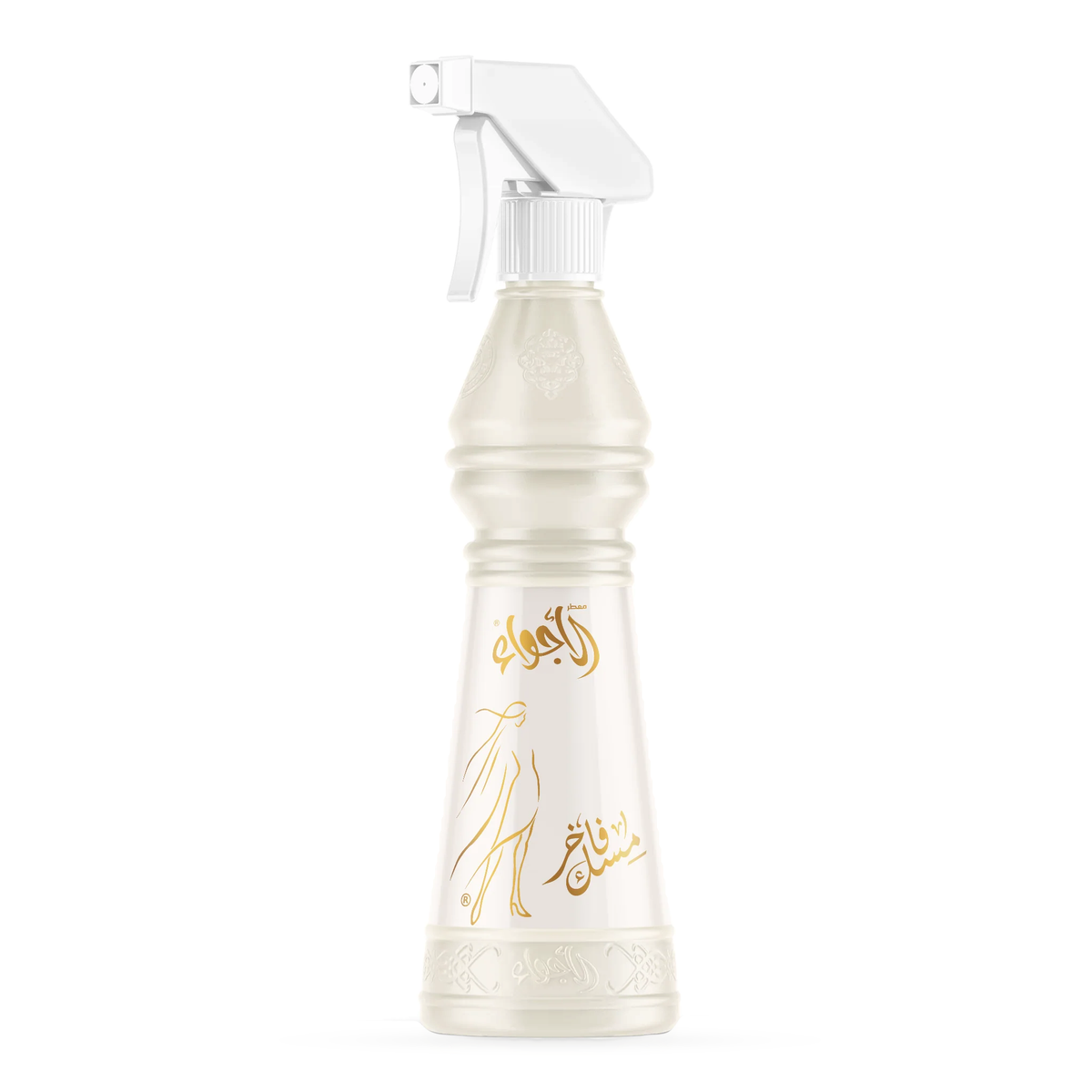 Musk Fakher Air Freshener 500 ml bottle with white spray and gold drawing on its own on a white background