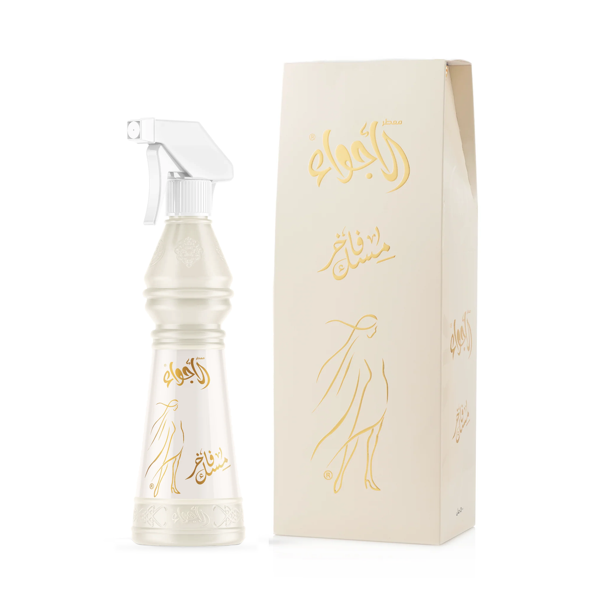 Musk Fakher Air Freshener 500 ml in a beige bottle with white spray beside its beige box on a white background