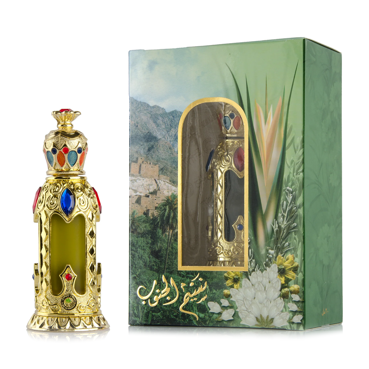 Naseem Al-Janoub Mukhallat 20 ml: the gold bottle with coloured stones beside its green box on a white background