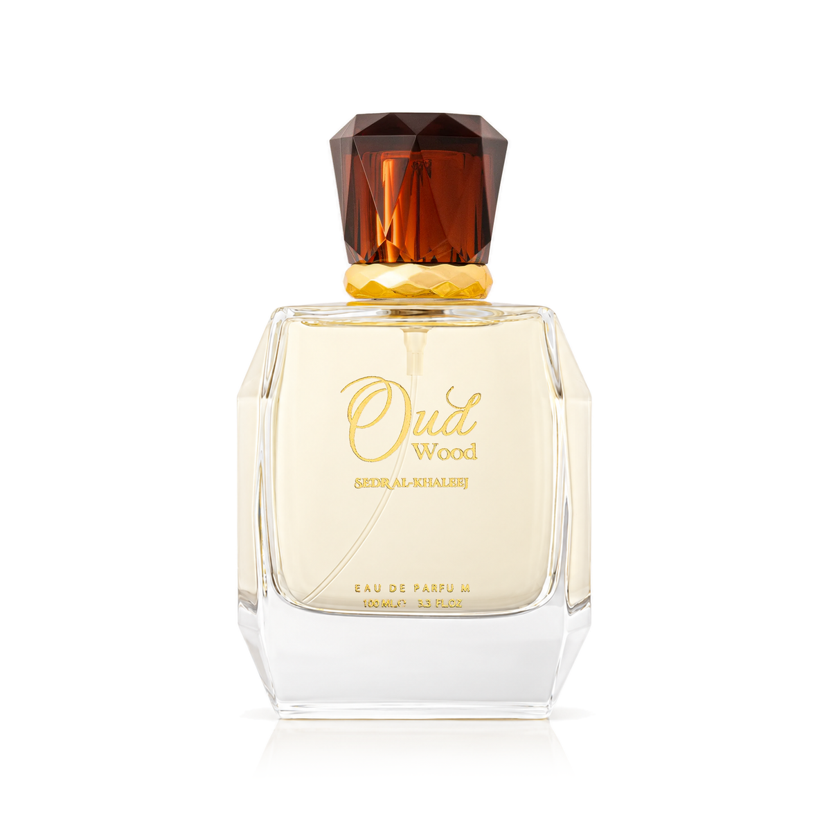 Oud Wood Perfume 100 ml bottle with a brown cap and gold ring on a white background