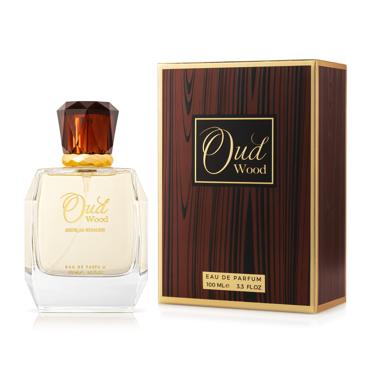 Oud Wood Perfume 100 ml in a clear bottle with a brown cap beside its dark wood-grain box on a white background