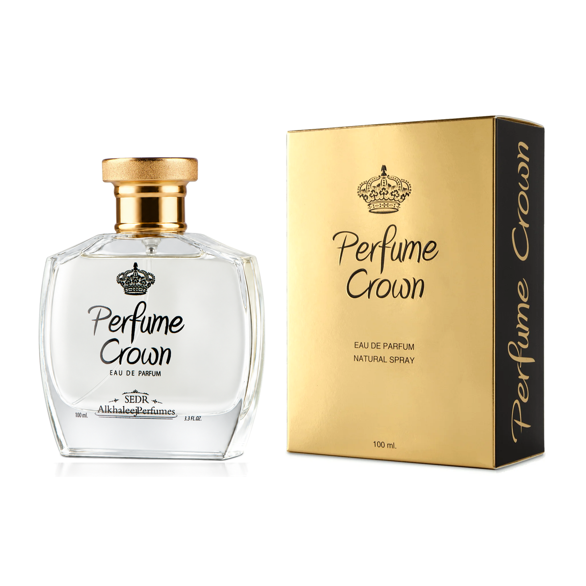 عطر بيرفيوم كراون 100 مل بزجاجة شفافة وغطاء ذهبي بجانب علبته الذهبية والسوداء على خلفية بيضاء