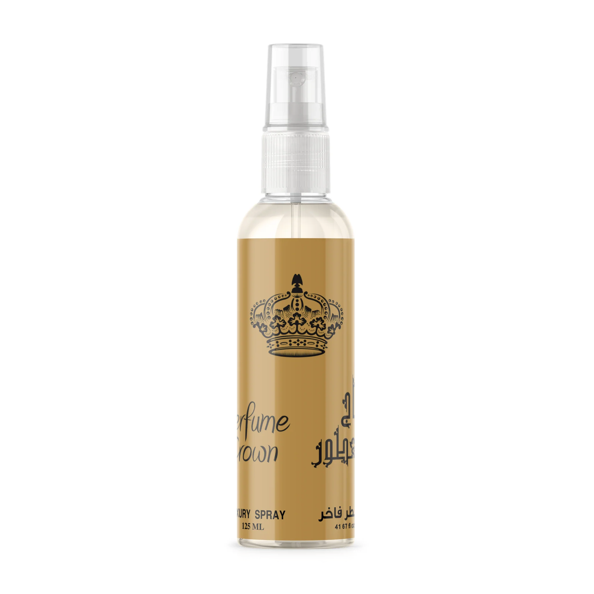 Taj Al-Otoor Body Mist 125 ml, clear bottle with spray pump and gold label with a crown on a white background
