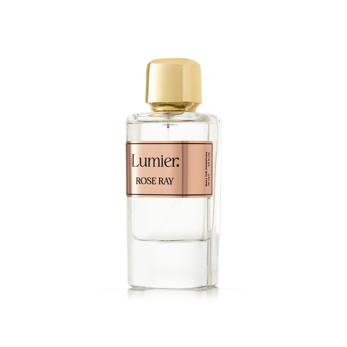 Rose Ray Perfume 75 ml bottle with gold cap and copper label alone on a white background