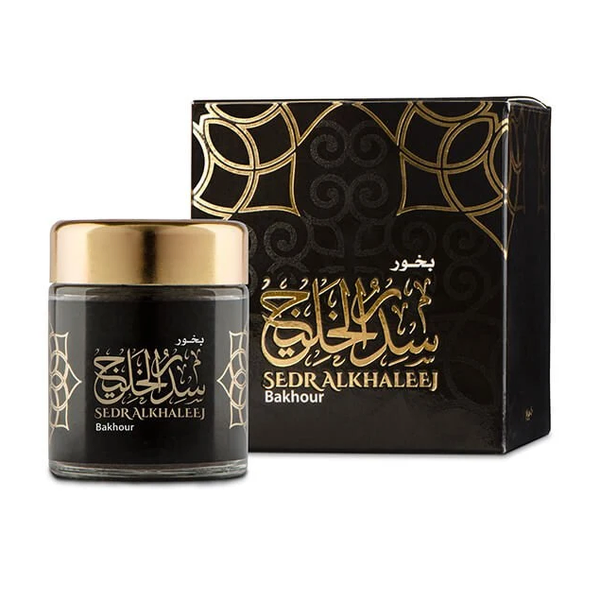 Sedr Al-Khaleej Bakhoor 40 g in a black jar with gold lid beside its black box with gold patterns