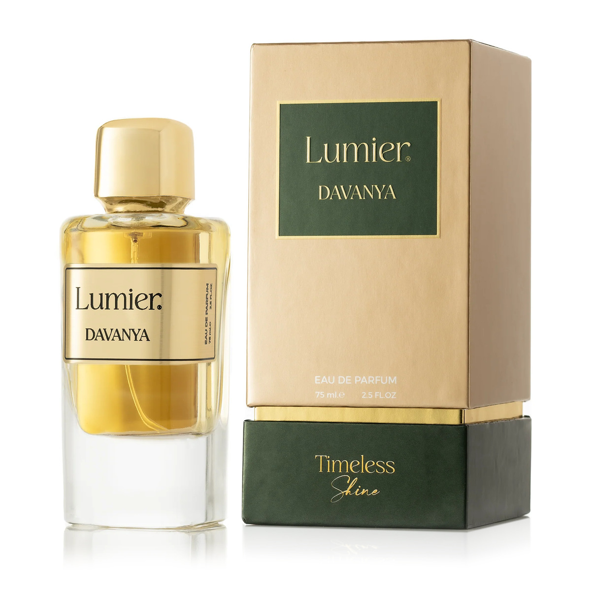 Lumier Davanya from the Radiance Bundle beside its beige and green box on a white background