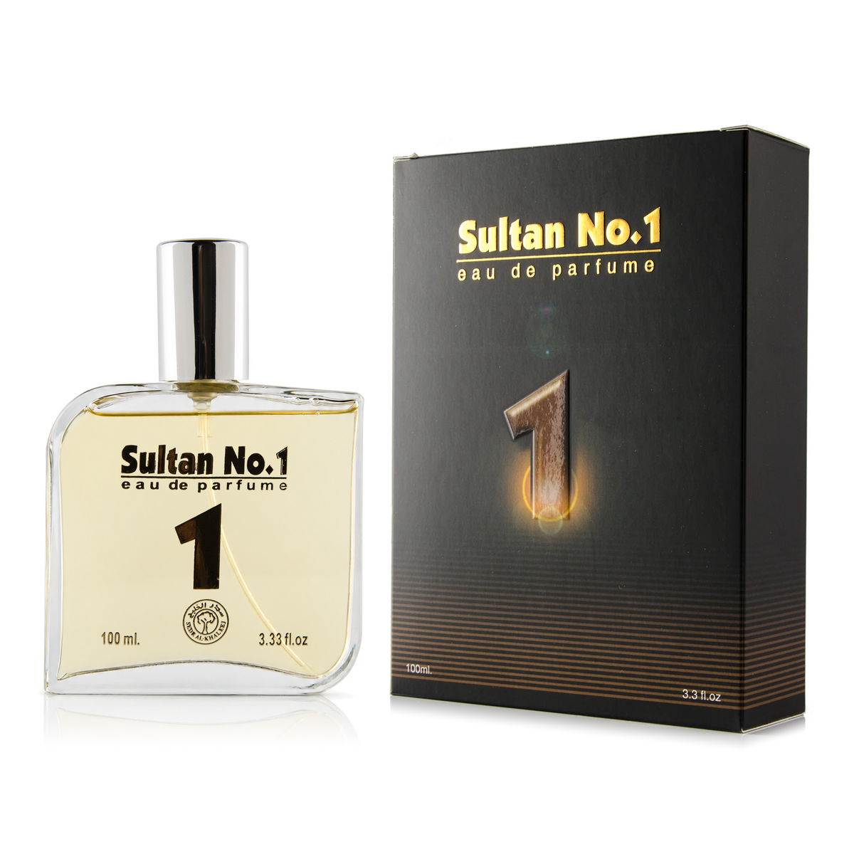 Sultan No. 1 Perfume 100 ml, square bottle with silver cap beside its black box on a white background