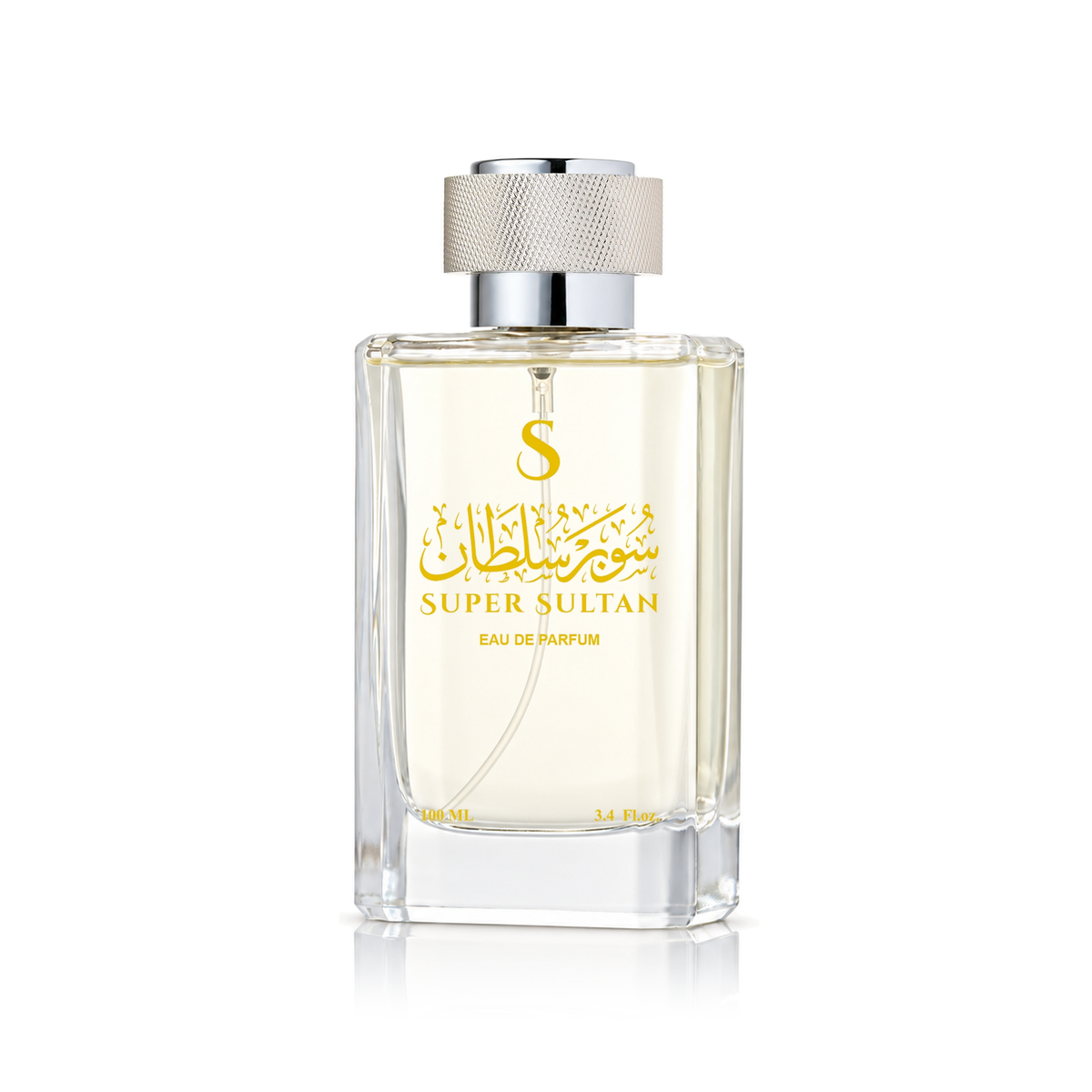 Super Sultan Perfume 100 ml clear bottle with its silver cap alone on a white background