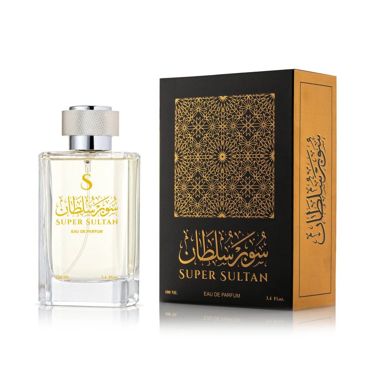 Super Sultan Perfume 100 ml in a clear bottle with a silver cap next to its black box with a gold pattern on white