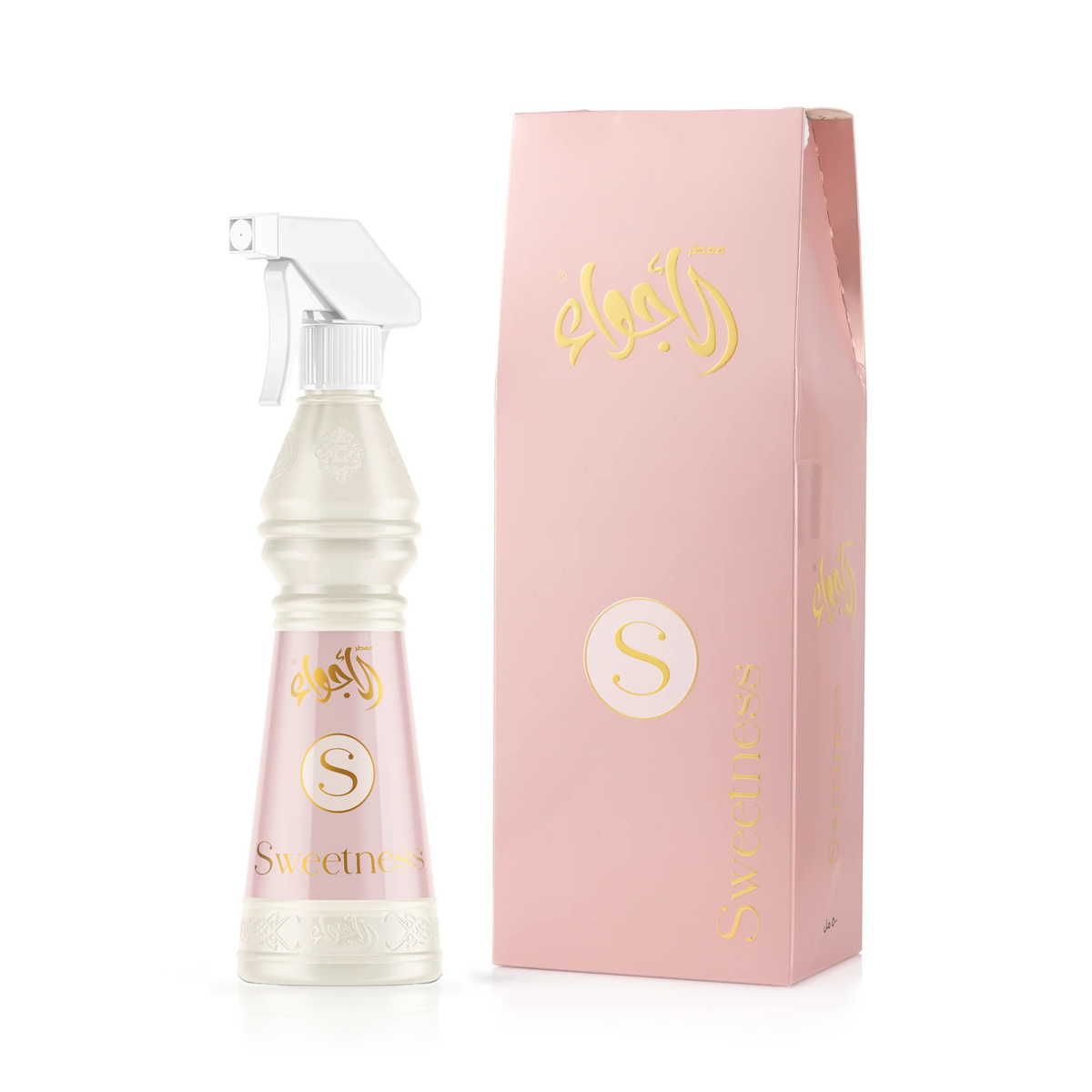 Sweetness Air Freshener 500 ml in a cream bottle with a pink label and white sprayer next to its pink box