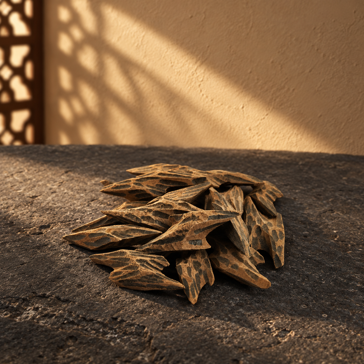 Tiger Natural Mohsen Oud from Sedr Al-Khaleej; heap of brown agarwood chips with dark grain on basalt against a sand wall, with angled sunlight and a wooden screen shadow.