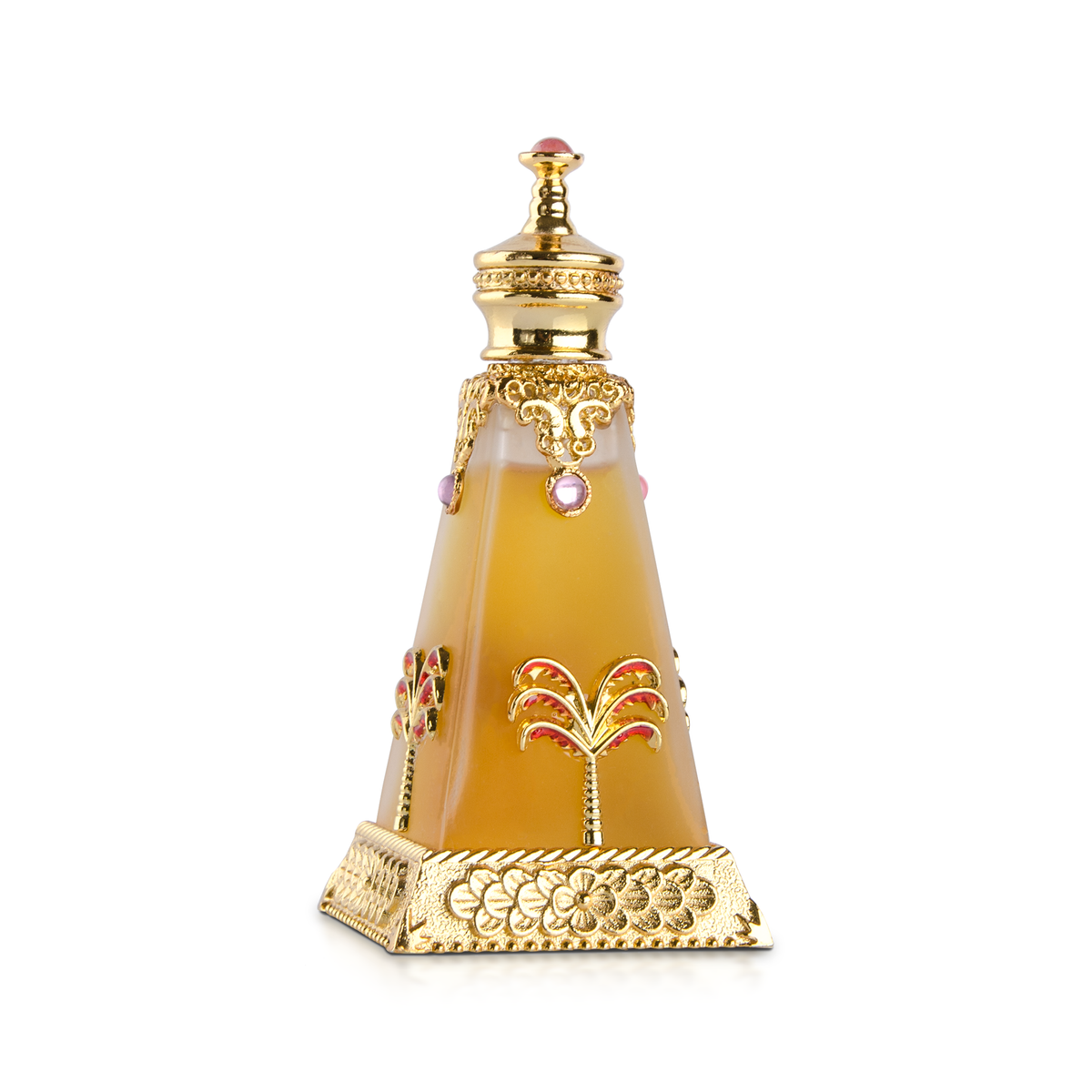 Zahrat Al-Basateen Mukhallat 20 ml pyramid bottle with gold ornaments alone on a white background