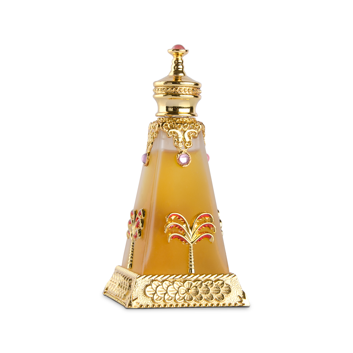 Zahrat Al-Basateen Mukhallat 20 ml pyramid bottle with gold ornaments alone on a white background