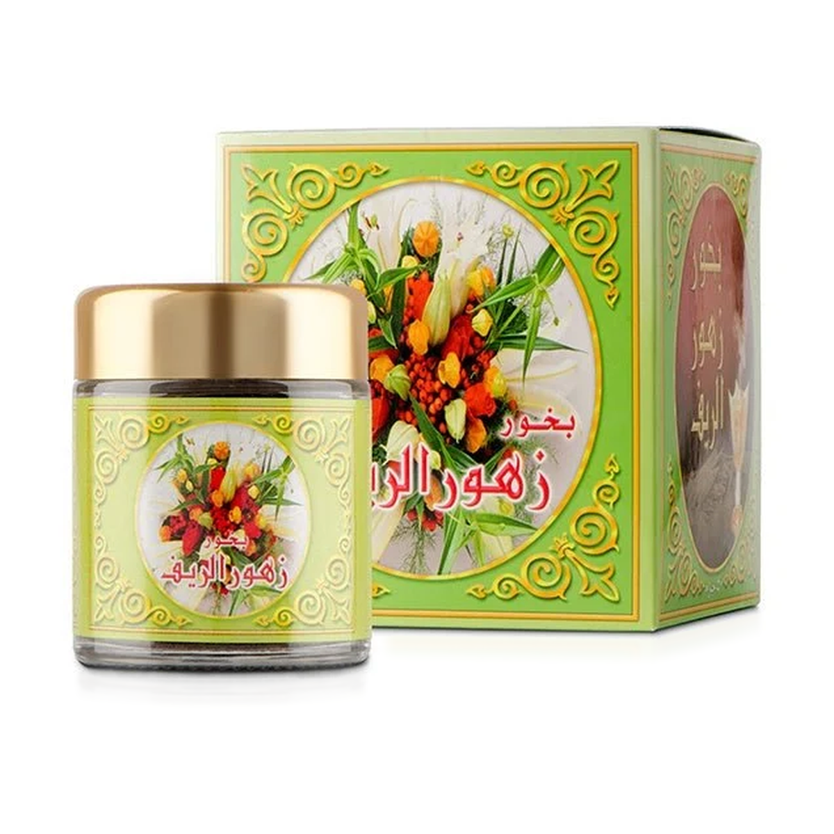 Zuhoor Al-Reef Bakhoor 40 g in a jar with gold lid beside its green box decorated with a flower image